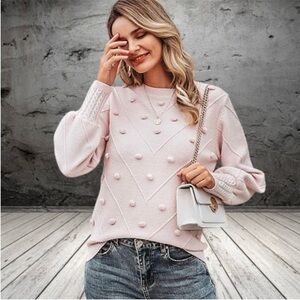 Simplee Blush Pink Pom Pom Sweater Puff Sleeves & Cable Knit Cuffs Women'sS NWT